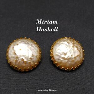 Miriam Haskell Faux Baroque Pearl Button Style Clip Earrings, 1950s Vintage